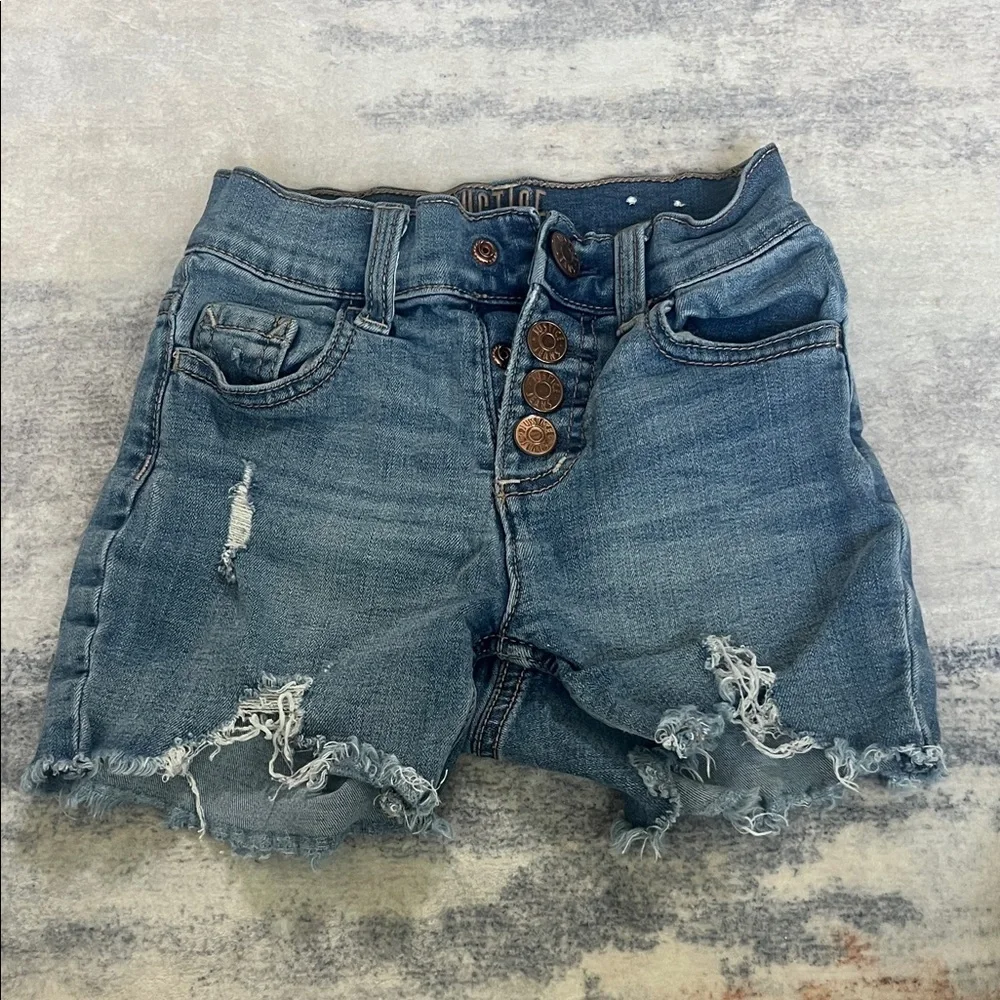 Justice Denim Blue Frayed Hem Shorts